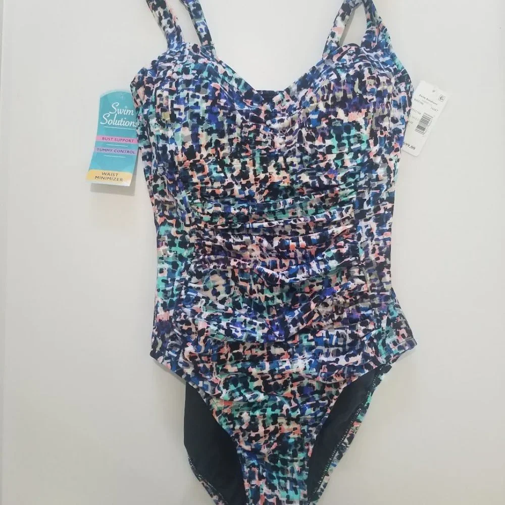 Swim Solutions Shirred-Front Tummy-Control One-Piece Swimsuit Size 10 - Picture 6 of 10